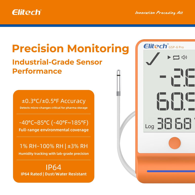 Elitech GSP-6 Pro-TE+THE Temperature Data Logger, Temperature and Humidity Data Logger, Large Storage Capacity, External Sensor, Alarm Function, Free Data Export Software Temperature logger GSP6 Pro latest