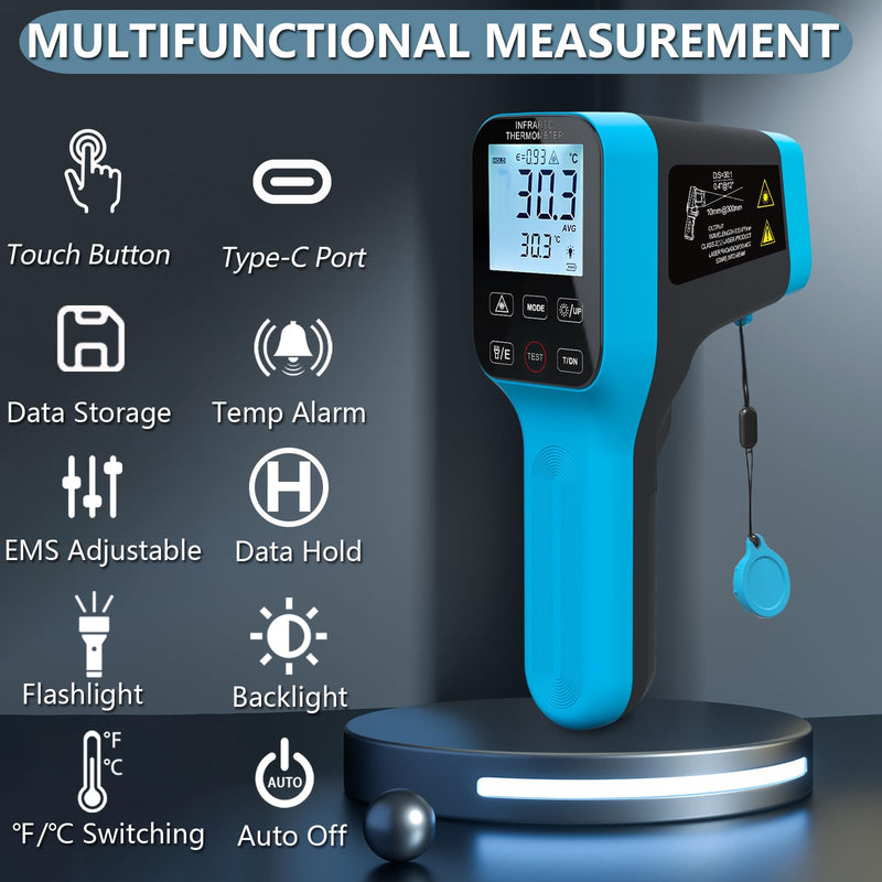 [Australia - AusPower] - Infrared Thermometer Gun Rechargeable, -58℉~2912℉ High Temp Laser Industrial Thermometer, D:S=30:1 Touch Button Waterproof Pyrometer, Digital IR Temperature Gauge with Type-C Port (NOT for Human) HP-1600(Rechargeable -58℉~2912℉) 