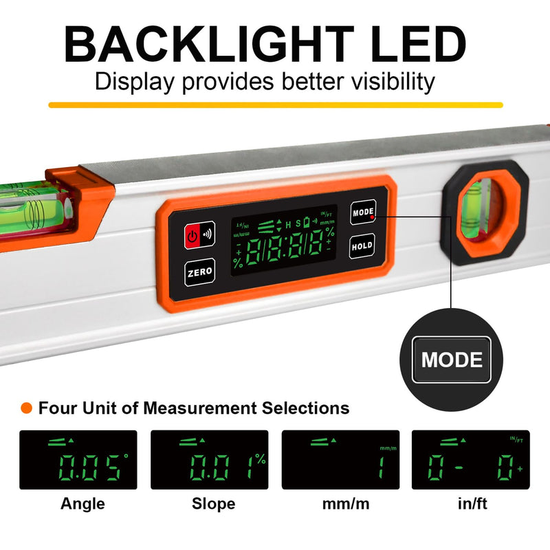 [Australia - AusPower] - 15.7-Inch Digital Torpedo Level & Angle Finder – IP54 Waterproof Inclinometer with Backlit LCD, V-Groove Magnetic Base, 0.1° Accuracy – for Construction, Woodworking, Metalworking（Orange) Orange 