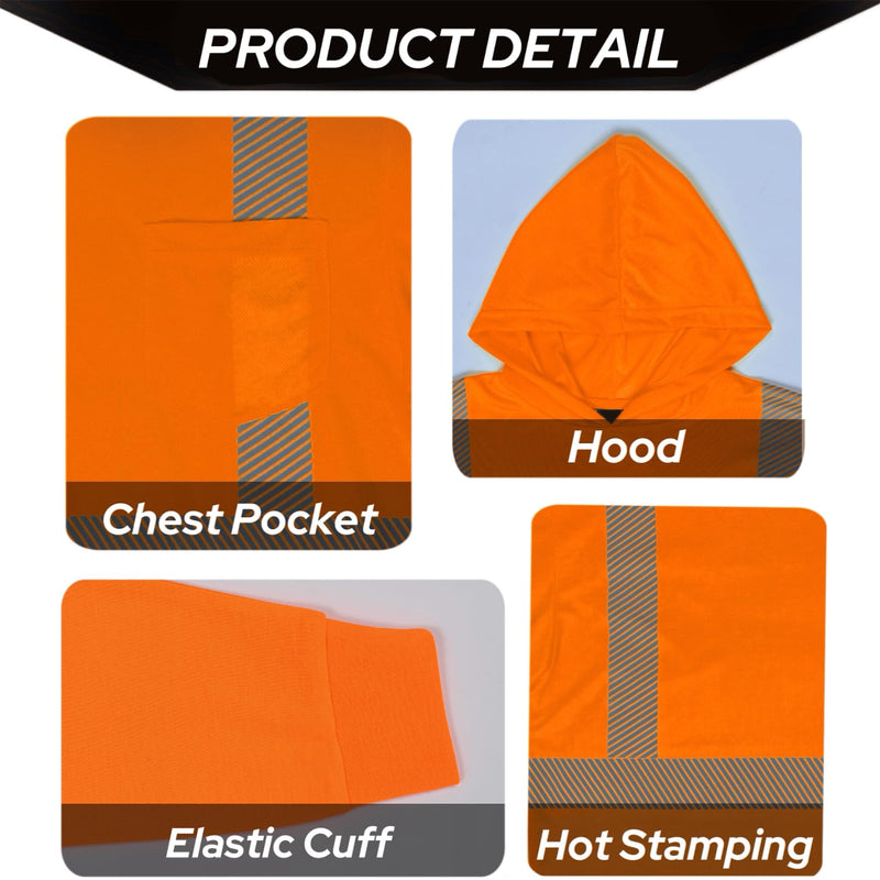 FONIRRA Hi Vis Shirts for Men Reflective ANSI Class 3 Safety T-Shirt with Hood High Visibility Construction Work Long Sleeve, Orange L
