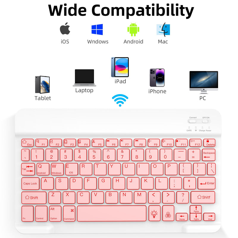 [Australia - AusPower] - XIWMIX Ultra-Slim Wireless Bluetooth Keyboard-7 Colors Backlit Universal Rechargeable Portable Keyboard for iPad Pro/Air/Mini/iPad 9.7/iPad 10.2/Samsung Tablet & Other iOS Android Windows Devices-Pink light pink backlit 