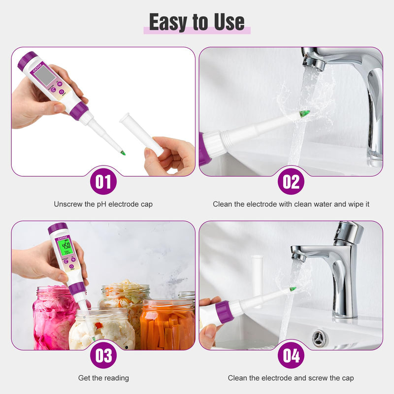 [Australia - AusPower] - pH Meter Food Digital Electronic pH Tester for Fermentation 3*50ml pH Buffer Calibration Solution Kits Hot Sauce Food Tester Probe for Cheese Sourdough pH Temperature pH Test Strips for Acidity 2 in 1 pH Temp Meter 