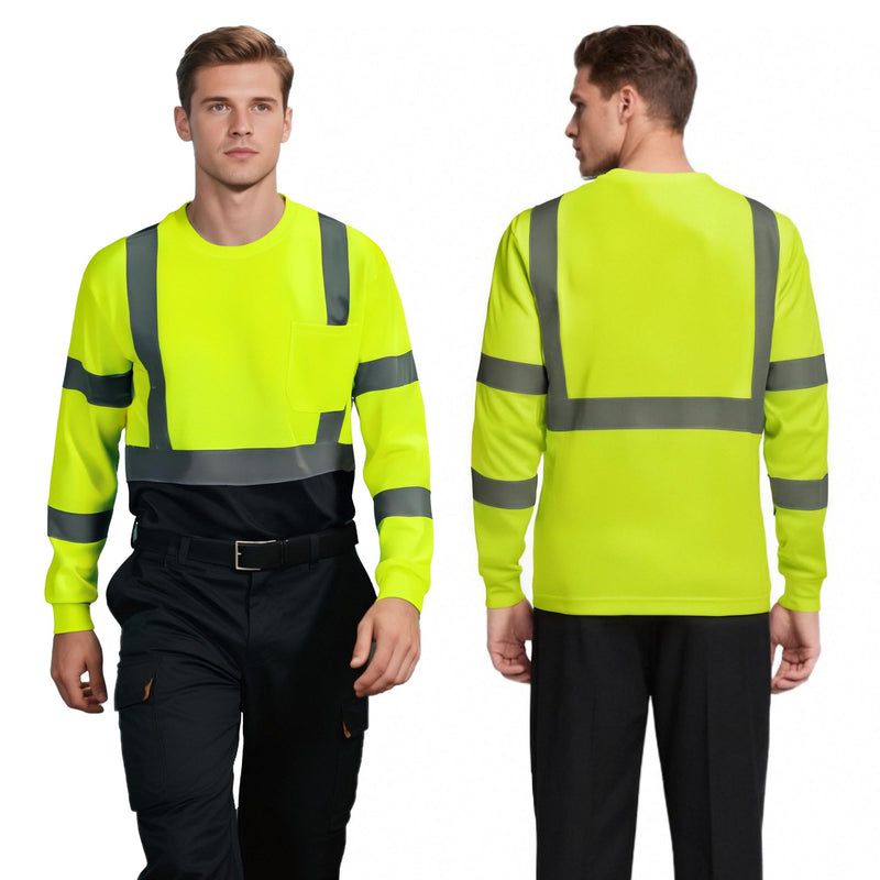Hi Vis Safety Shirts for Men, High Visibility Long Sleeve Class 3 Reflective Construction Shirts 6X-Large Black Bottom Lime
