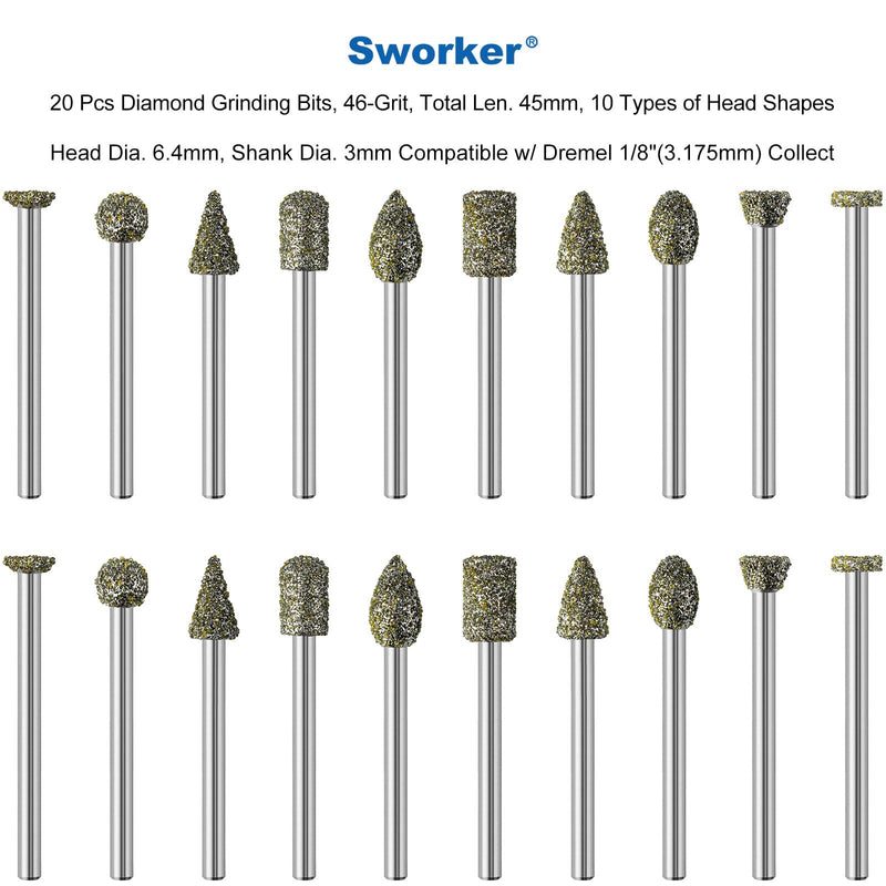[Australia - AusPower] - 20Pcs 46-Grit Diamond Grinder Bit 1/8" Shank Compatible with Dremel Rotary Tool Attachment Accessories Grinding Burrs for Stone Glass Resin Porcelain Ceramic Quartz Glaze Steel Carve Engrave Polish 