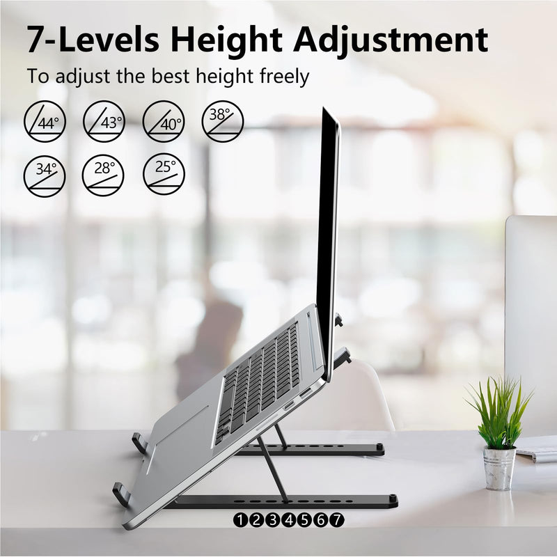 [Australia - AusPower] - Laptop Stand for Desk, Adjustable Laptop Riser ABS+Silicone Foldable Portable Laptop Holder, Ventilated Cooling Notebook Stand for 10-15.6” Laptops,Tablet-Black Black 