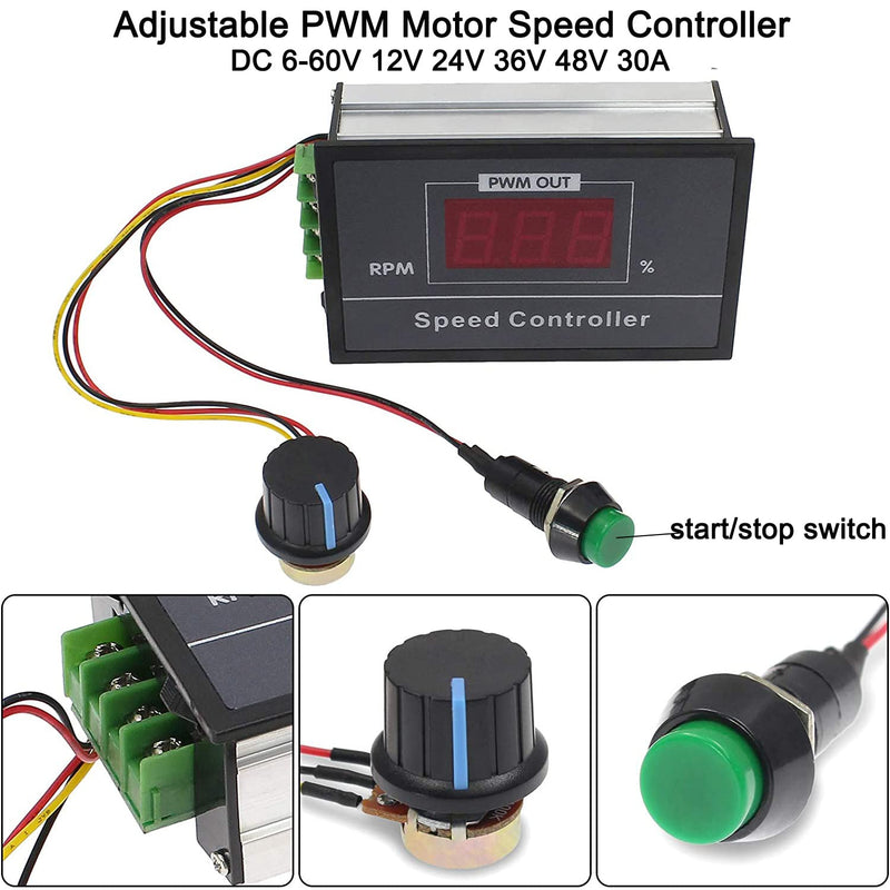 [Australia - AusPower] - Greluma 1PC DC 6-60V 12V 24V 36V 48V 30A Adjustable PWM Motor Speed Controller Digital Display DC Motor Control Regulator with Start Stop Switch DC motor speed controller 2-1 