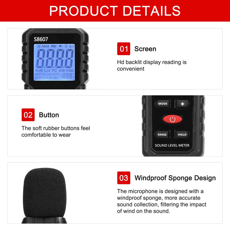 [Australia - AusPower] - S8607 Decibel Meter, Digital Sound Level Meter, Noise Decibel Portable SPL Meter 30dB to 130dB Data Hold with LCD Display Backlight Screen 