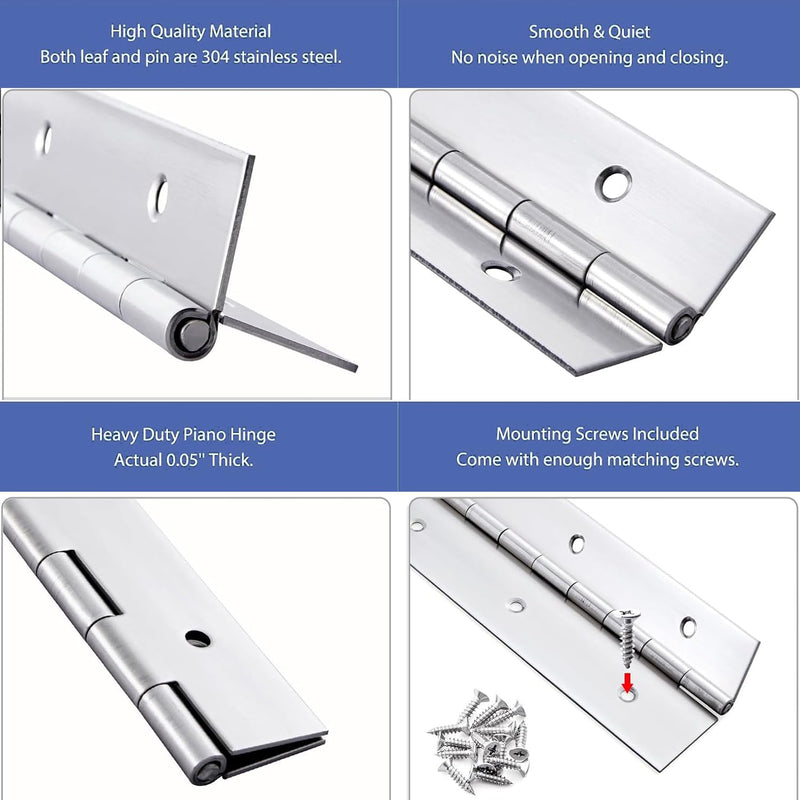 [Australia - AusPower] - 6Pack Silver Continuous & Piano Hinge1.2 OpenWidthX0.04 ThicknessX10'' Heavy Duty Piano Hinges withHole Polished Stainless Furniture Hinges for Boats Cabinets Storage Box Door Cases with 60Screws 10Inch-6pcs(Silver) 