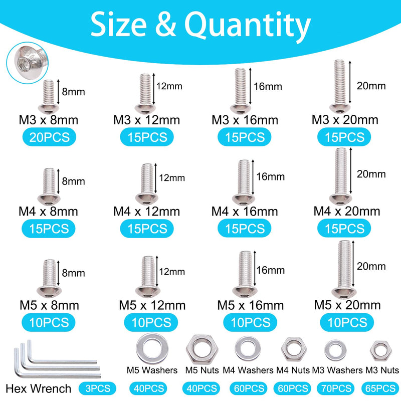 [Australia - AusPower] - 500PCS M3 M4 M5 Metric Screw Assortment Kit, 8-20mm Button Head/Socket Head Cap Screws Bolts Nuts Washers Assortment Kit, 304 Stainless Steel Machine Screws with 3 Hex Wrench 
