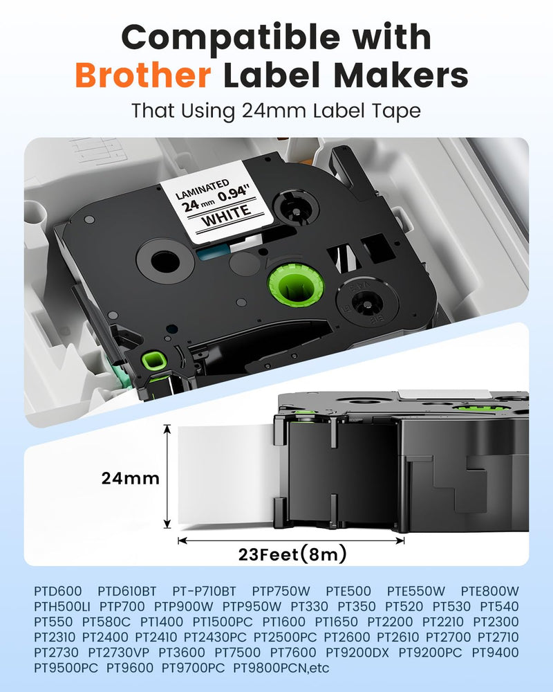 TZe-251 Label Maker Tape 24mm 0.94 Laminated White Compatible with Brother P-Touch Label Tape TZe251 TZ-251 Black on White 1 Inch TZe Tz Tape Work for Brother PT-D600 PT-D610BT PTP700 PTP710BT, 8-Pack