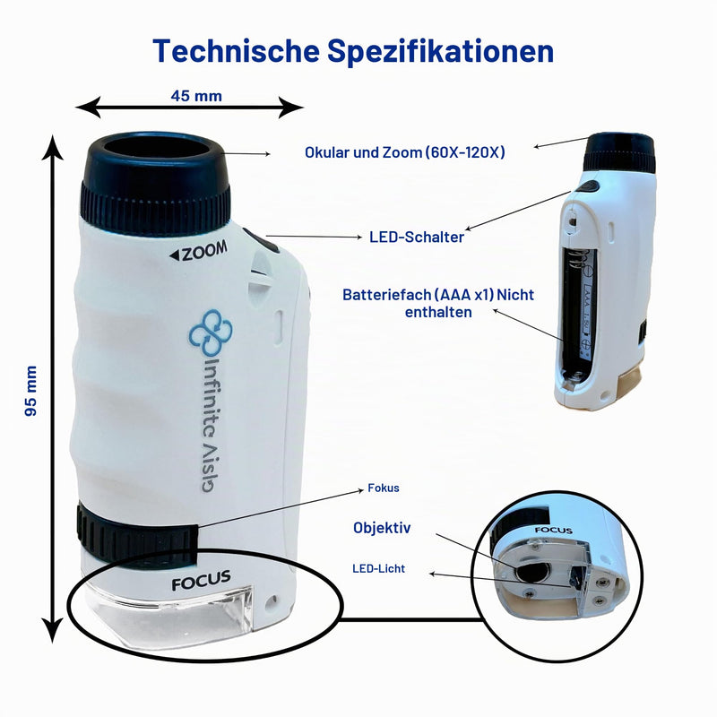 60X-120X Pocket Microscope - Portable Handheld Microscope with LED, Ideal for Children & Adults - Perfect for Science, Education & Microbiological Observations IAST001