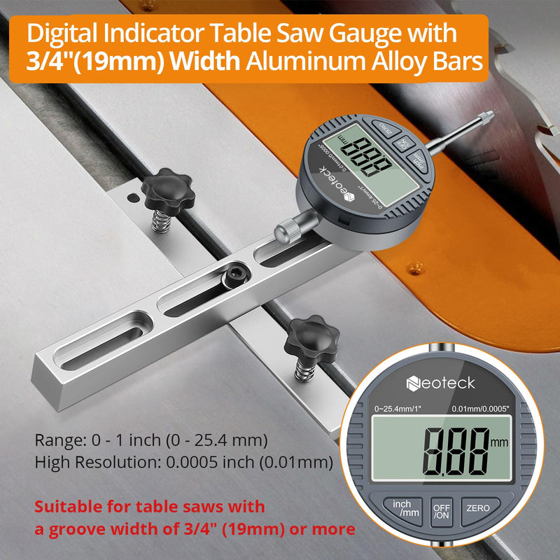 [Australia - AusPower] - Neoteck Digital Dial Gauge 25.4 mm Table Saw Gauge with 0.75 Inch Width Anodised Aluminium Rod for Aligning and Calibrating Workshop Machines Table Saws Band Saws and Drill Presses Silver 0-25.4 mm (0-1 inch) 