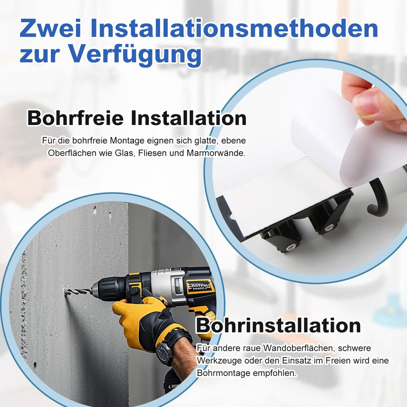 1 Piece Broom Holder Wall, 5 Holders + 4 Hooks Stainless Steel Tool Holder, Self-Adhesive Garden Tool Holder, Broom Holder, Tool Holder Organiser for Garage, Garden, Kitchen, Bathroom, Black