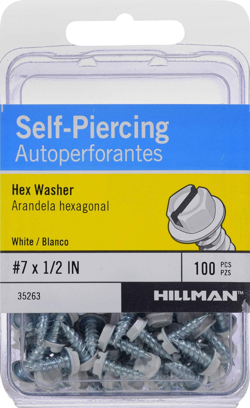 [Australia - AusPower] - 35263 White Painted Hex Washer-Head Self-Piercing Screws (#7 x 1/2") - 100 pieces 