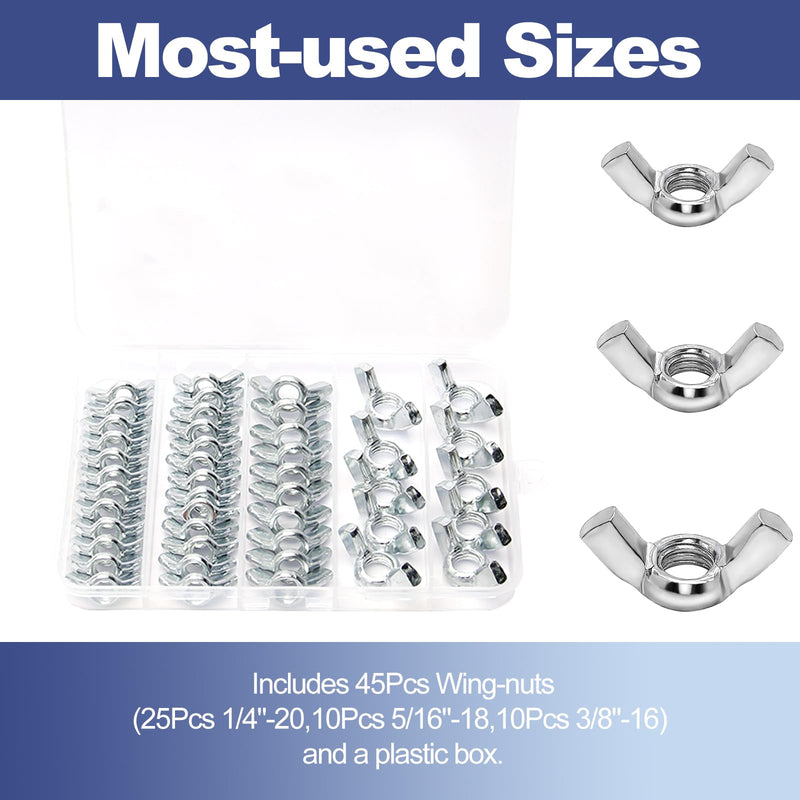 [Australia - AusPower] - MroMax 45Pcs Wing Nuts Assorted Kit 1/4"-20, 5/16"-18, 3/8"-16 Standard SAE Steel Zinc Plated Butterfly Wing Nuts Fasteners Hand Twist Tighten Ear Wingnuts 