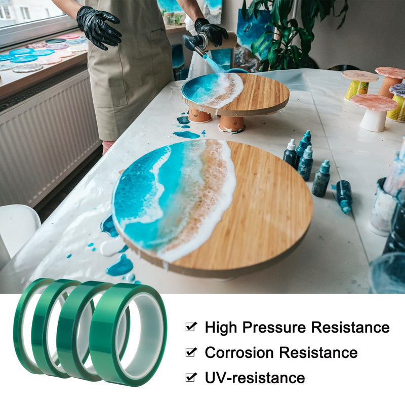 MECCANIXITY Resin Tape Set Silicone Adhesive Tape High Temperature Resistance for Epoxy Resin,River Tables,Craft,Remove Residue 0.98/0.71/0.51/0.24 Inch Wide 108x13FT Long(Green),1 Set