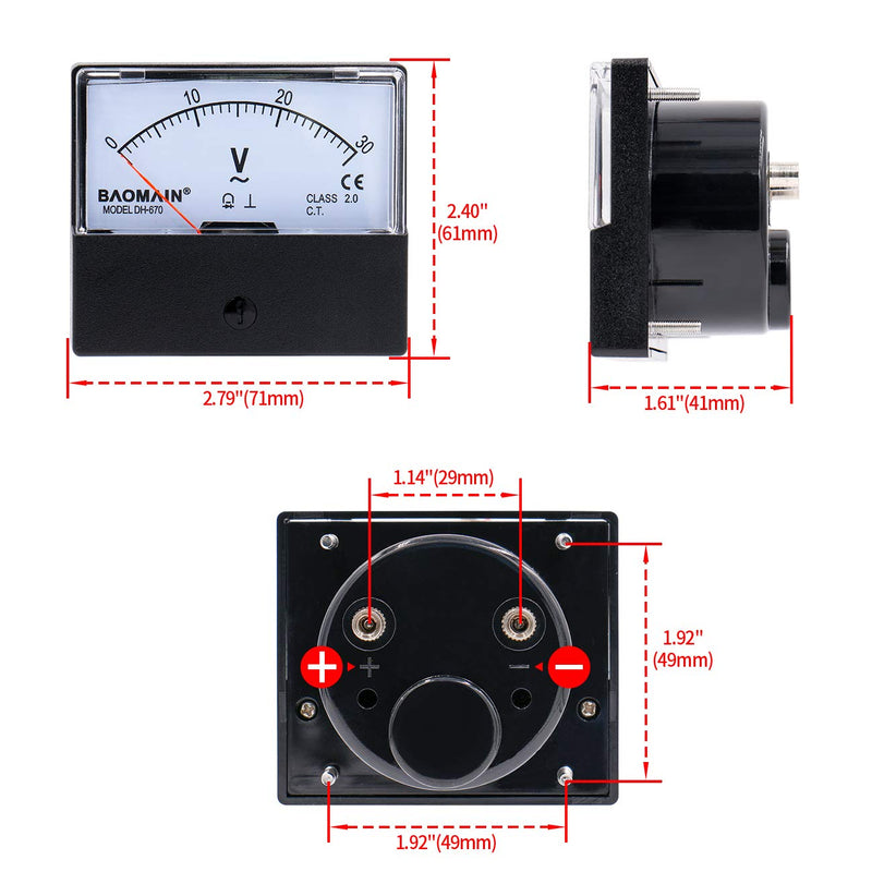 [Australia - AusPower] - Baomain Voltmeter DH-670 AC 0-30V Rectangular Class 2.5 Analog Panel Volt Voltage Meter 