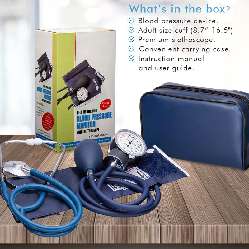 [Australia - AusPower] - NOVAMEDIC Adult Size Blue Manual Blood Pressure Machine and Stethoscope Kit, BP Monitor with Adjustable Upper Arm Cuff for Monitoring High Blood Pressure, Includes Carrying Case 