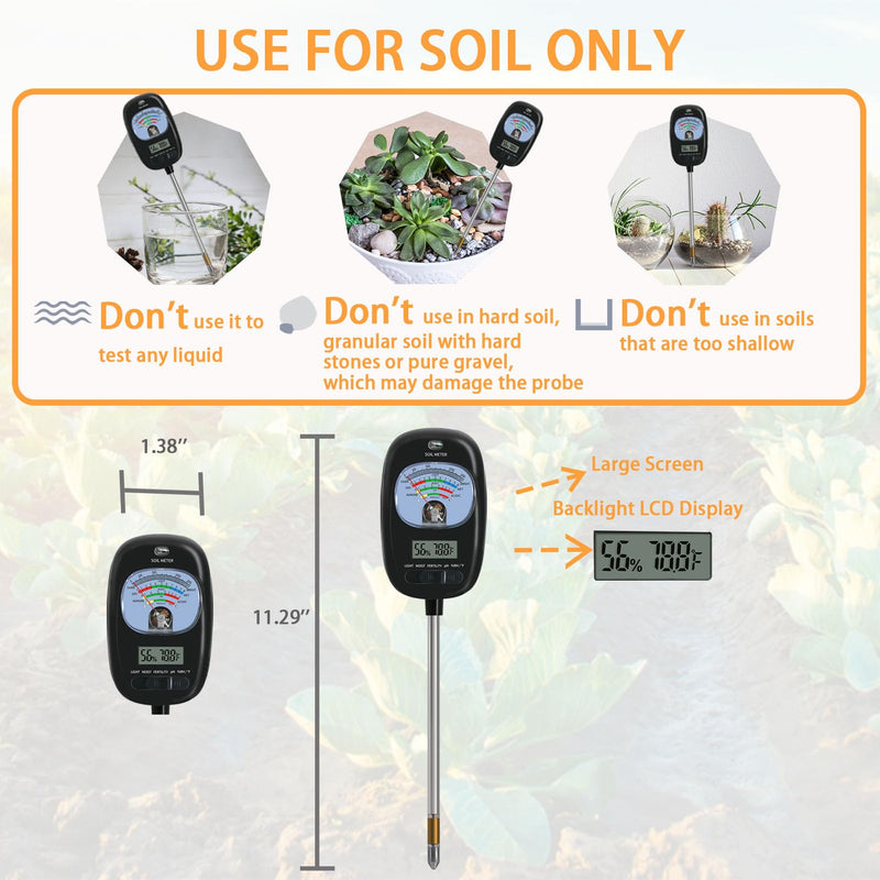 [Australia - AusPower] - 7-in-one Soil Test Kit, Soil Moisture Meter/PH Meter/Sunlight Intensity/Fertility Soil Tester, LCD Display Air & Soil Hygrometer Temperature for Hous Plants Garden, Farm, Lawn Care Moisture Meter Sepia New 