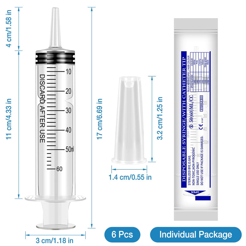 [Australia - AusPower] - Pack of 6 60 ml Syringe Large Syringes for Science Laboratories Without Needle for Refilling and Measuring Oil Adhesive Applicator of Liquids Feeding Pets Scientific Laboratories 