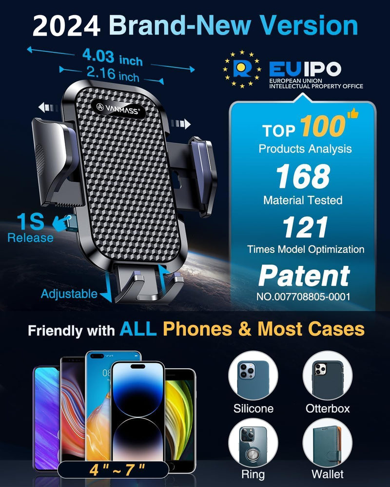 [Australia - AusPower] - [True Military-Grade] Car Phone Holder VANMASS [2024 Strongest Suction & Clip] Cell Phone Mount for Dashboard Windshield Vent Truck Accessories Cradle Dash Stand for iPhone 15 Pro Max 14 13 12 Android Black 