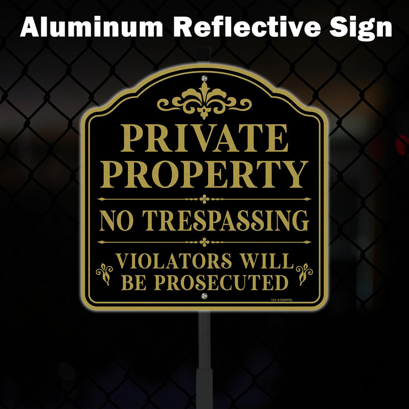 T&R Large Private Property No Trespassing Sign Violators Will be Prosecuted with 54" Stake for Outside - 2 Pack - 12"x12" .040 Rust Free Aluminum, Reflective, Waterproof, Weatherproof and Fade Resistant, 2 pre-drilled holes,Includes Matching Screws & W...
