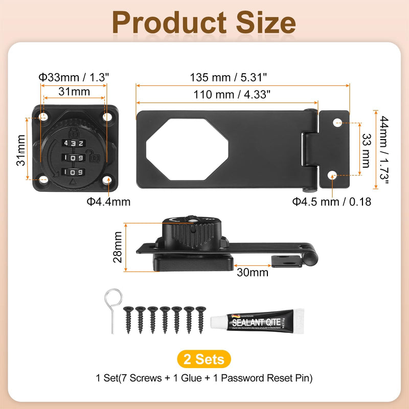 PATIKIL Password Rotary Hasp Locks (5", Black) (2Pcs), Keyless 3-Digit Cabinet Locks with Combination Security Slide Latch, Suit for- Door/Closet/Barn/Bathroom/Outdoor/Garden 5 Inch