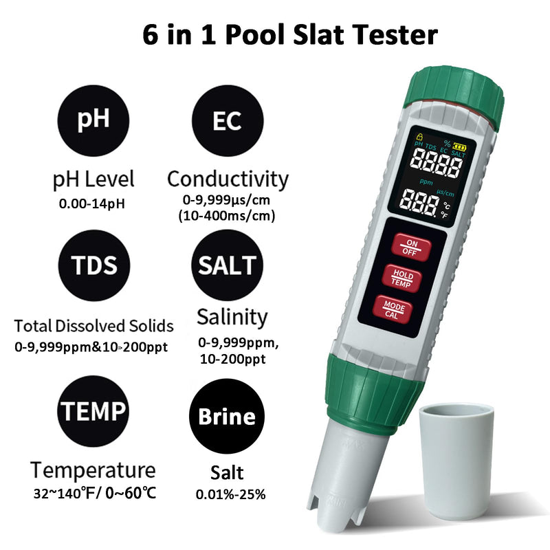 [Australia - AusPower] - Digital Salinity Tester Refractometer Aquarium Salt Tester 6 in 1 Pool Saltwater Tester for Measuring Salinity PPM/PPT, PH, TDS, EC, Temp., Salt Tester for Swimming Pool Hydroponic Marine Aquaculture 