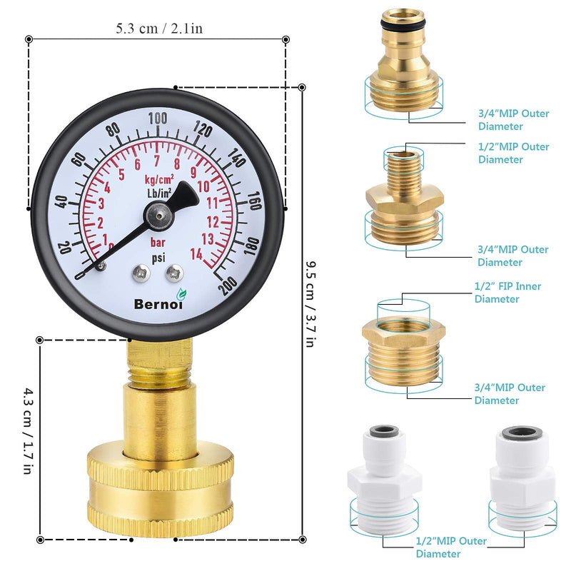 [Australia - AusPower] - Water Pressure Gauge Kit,Universal Water Pressure Test Gauge with Lead-Free Brass Hose Fittings,3/4" Female Coupler Plus 5 Adapters to Test in Multiple Systems,0-200 Psi Hydraulic Pressure Tester 2.1" Dial 