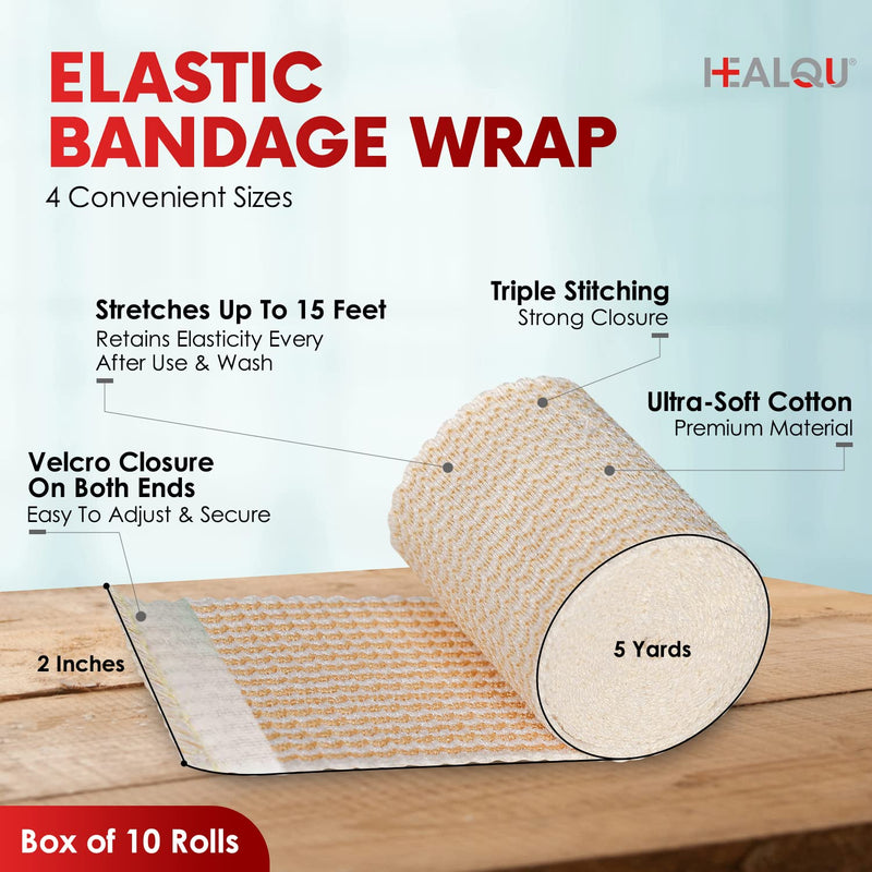 [Australia - AusPower] - HEALQU Premium Elastic Bandage - Self-Closure Compression Wrap for Legs, Knees, Ankles, Wrists, Elbows, Shoulders - 2 Inch by 5 Yards, Box of 10 Rolls Athletic Stretchable Bandage Wrap 2" - Box of 10 