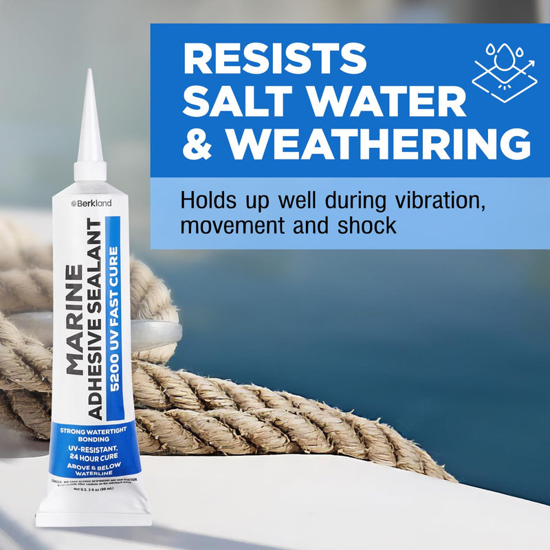 3 oz Marine Adhesive Sealant 5200 Fast Cure (White) - Permanent, Watertight Bonding and Sealing - UV Resistant, above & below Waterline - Compare to 05203 and 06520 FC M - by Berkland