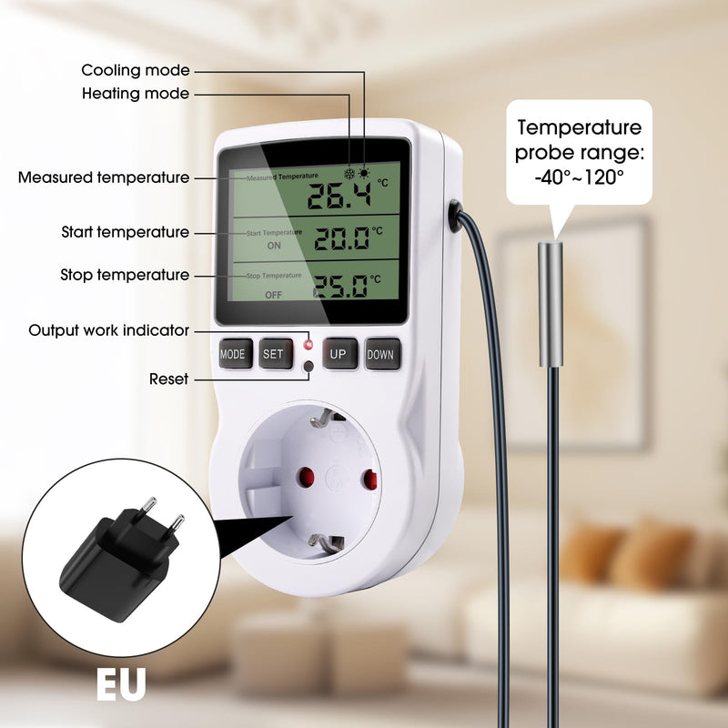 [Australia - AusPower] - diymore Temperature Controller Socket 230 V with Sensor Digital Thermostat Socket Temperature Switch with Timer for Greenhouse Aquarium Fridge Heating Cooling White 