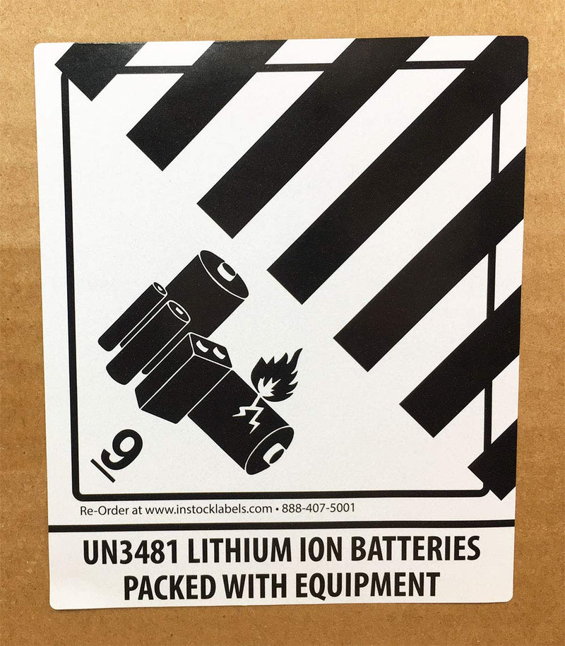 Lithium Ion Batteries Packed with Equipment UN3481 Hazard Class 9 Labels, 4 x 4.75 Inch Square Black and White Adhesive Stickers, 500 Total – Made in the USA