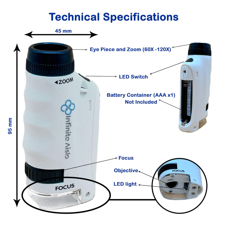 [Australia - AusPower] - Infinite Aisle 60X-120X Pocket Microscope - Portable Handheld Microscope with LED, Ideal for Children & Adults - Perfect for Science, Education & Microbiological Observations IAST001 