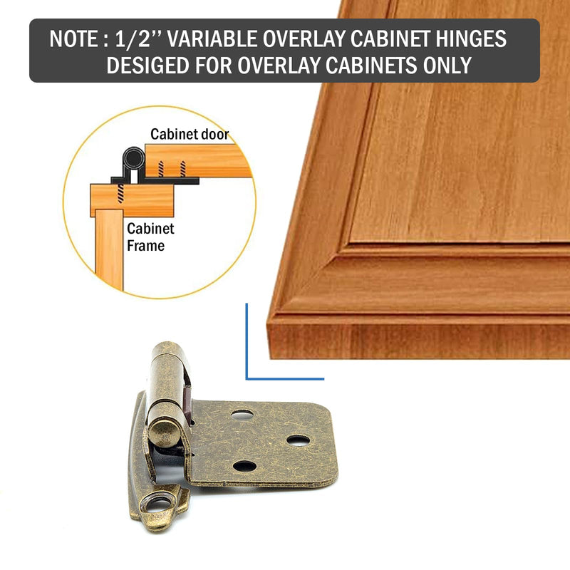 1/2" Overlay Kitchen Cabinet Door Hinges Antique Brass, 6 Pack (3 Pairs) Self Closing Cabinet Hardware Hinges for Face Frame Kitchen Cabinet Doors 6 Pack (3 Pairs)