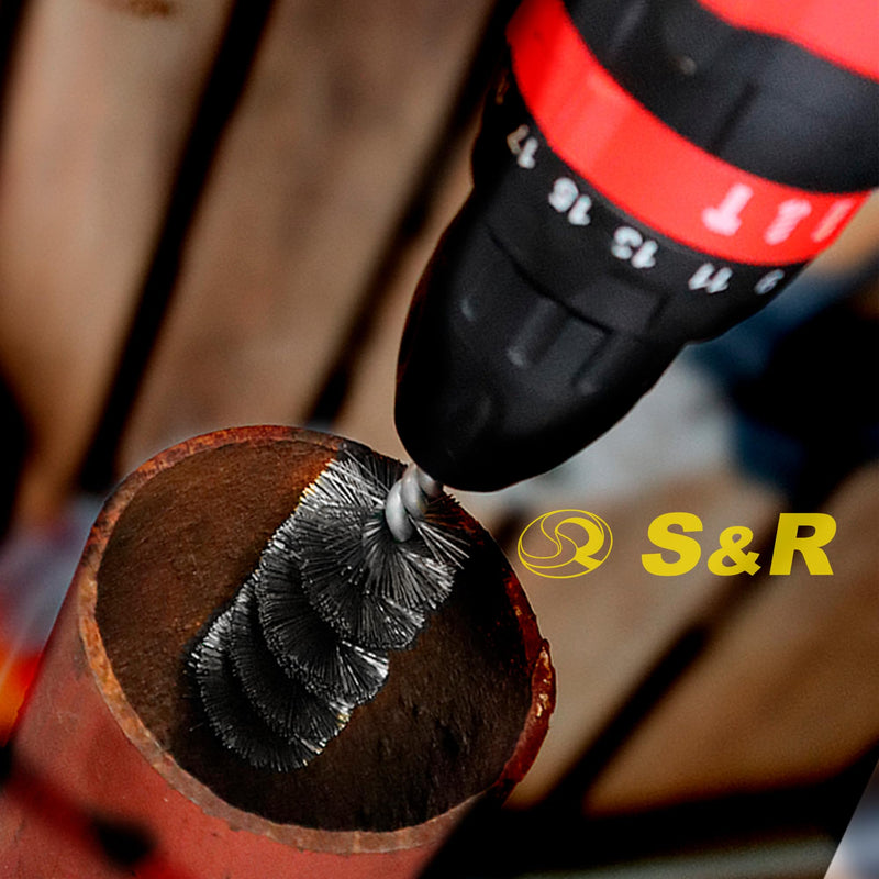 S&R Wire Brush Set 5 Pieces for Drill, Corrugated Steel Wire | Round shaft 6 mm – removal and polishing; in set: disc, pot, brush and cylinder steel brush 5-piece.