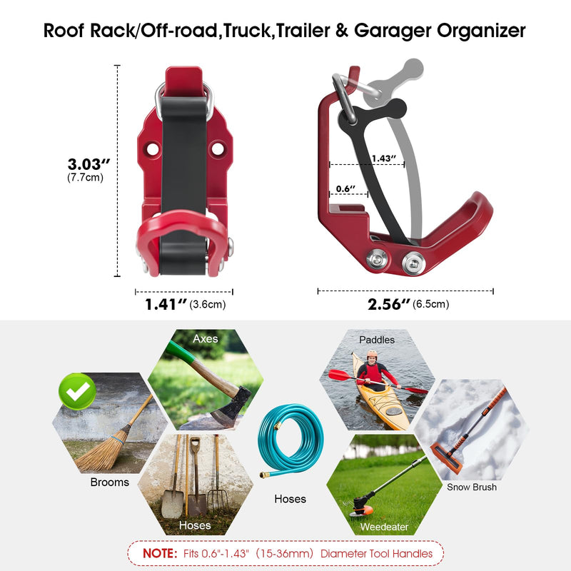 4 Pack Shovel Holder Wall Mount for Truck & Trailer, Adjustable Rubber-Coated Clamp for Shovel, Broom & Rake,Axe (0.6"–1.43"), Tool Holder for Overlanding, Off-Road, Work Truck & Garage,Red Red 4 Pack
