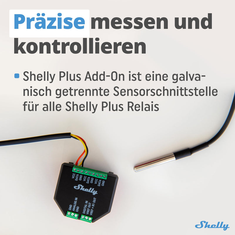 Shelly Plus Add-On - Add-On for Shelly Plus, Gen3 & Gen4 Devices, Interface for Temperature and Humidity Sensors, DS18B20, DHT22 & Arduino Sensors, Analogue and Digital Input 1er Pack