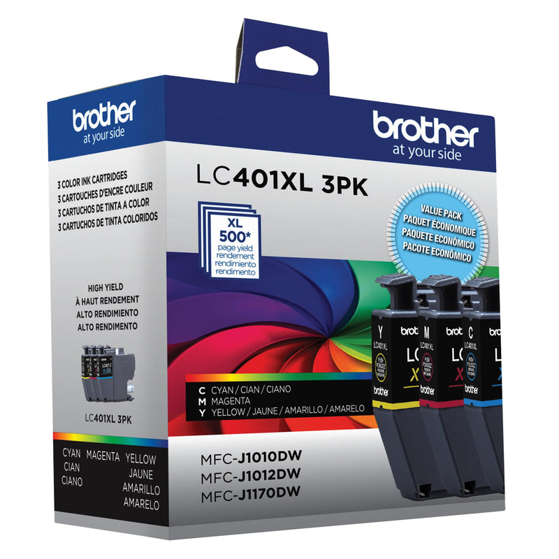 [Australia - AusPower] - Brother Genuine LC401XL 3PK High Yield 3-Pack Color Ink Cartridges Includes 1- Cartridge Each of Cyan, Magenta and Yellow Ink. 