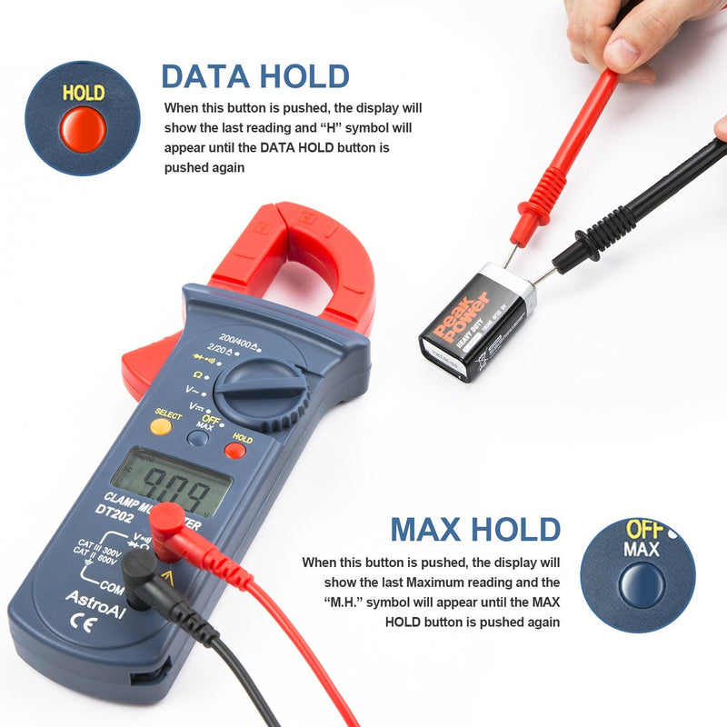 [Australia - AusPower] - AstroAI Digital Clamp Meter 2000 Counts + AstroAI 8Pcs Multimeter Test Leads Set with Alligator Clips 