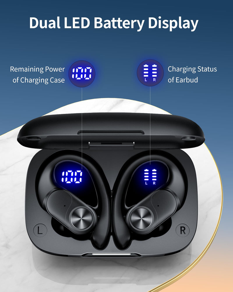 [Australia - AusPower] - Bluetooth Headphones Wireless Earbuds 80hrs Playtime Wireless Charging Case Digital Display Sports Ear buds with Earhook Premium Deep Bass IPX7 Waterproof Over-Ear Earphones for TV Phone Laptop Black M 