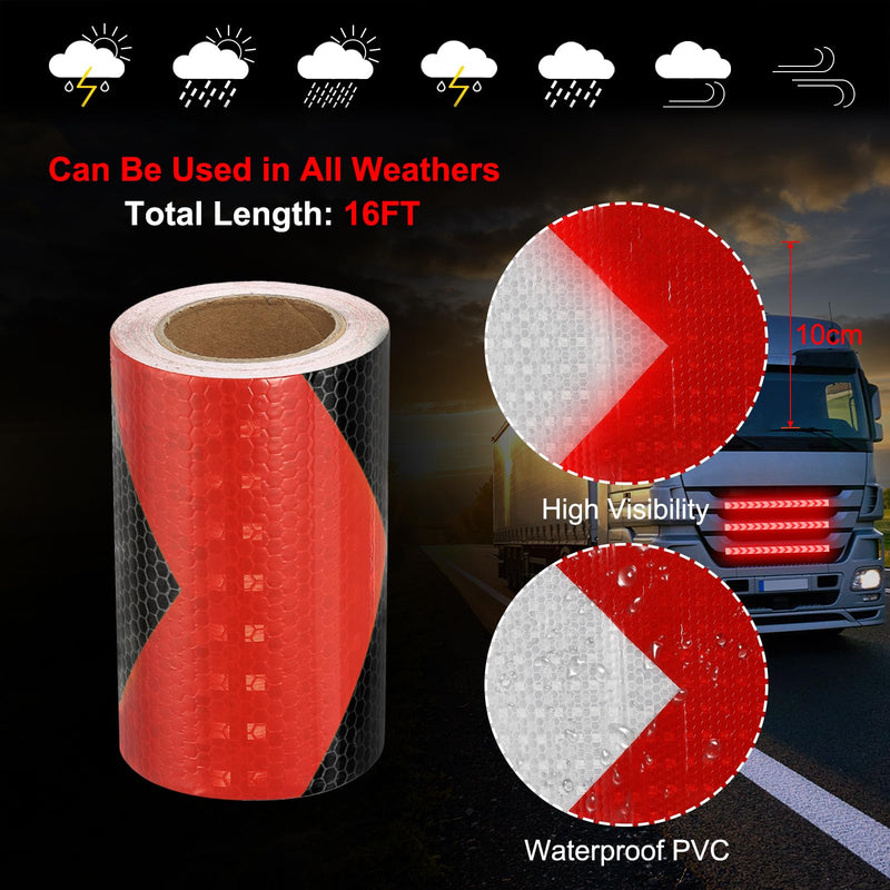 MECCANIXITY Reflective Tape, 4 Inch x 16 ft Trailer Reflector Tape Waterproof Warning Safety Sticker Night Reflector Arrow Tape for Bikes Cars Trucks, Red-Black 4 Inch x 16 Feet