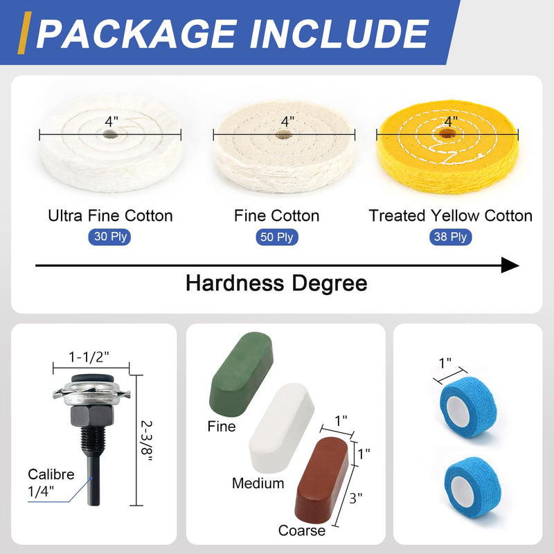 SCOTTCHEN 4inch Buffing Polishing Wheel with 1/4" Shank for Drill, 1/2" Arbor Hole,Soft/Fine/Medium -3pcs,with Buffing Polishing Cutting Compounds 7.4 Oz.Kit,with 2 Pack Non-Woven Bandage Multi 9pcs 4 inch