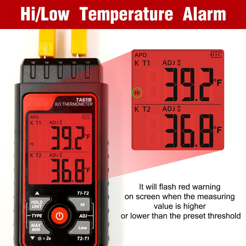 [Australia - AusPower] - Thermocouple Thermometer Digital K/J Type Temperature Thermometer w/ 4 K-Type Thermocouples, Dual-Channel HVAC Temperature Meter -328~2501℉ Measuring Range with Backlit LCD, Alarm & ADJ Compensation 
