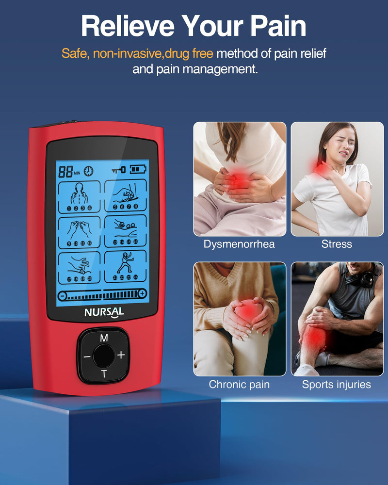 [Australia - AusPower] - NURSAL 24 Modes TENS Unit Muscle Stimulator, Rechargeable Electronic Pulse Massager with 8 Pads for Back and Shoulder Pain Relief and Muscle Strength (Red) 