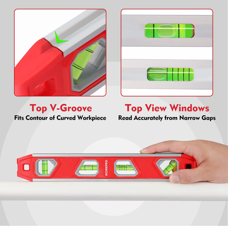 WORKPRO 12 Inch Torpedo Level, Magnetic Small Leveler Tool, Plumbing Level with Pitch Vial, Aluminum Reinforced, 4 Bubbles, V-Groove for Conduit Bending