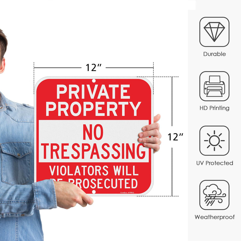 GicnKeuz Private Property No Trespassing Sign,12 x 12 Inches Violators Will Be Prosecuted Signs .040 Reflective Aluminum,Waterproof and Fade Resistant,2 Pre-drilled holes,Easy to Install, Indoors and Outdoors Use(4-pack) 12"x12"-4 Pack