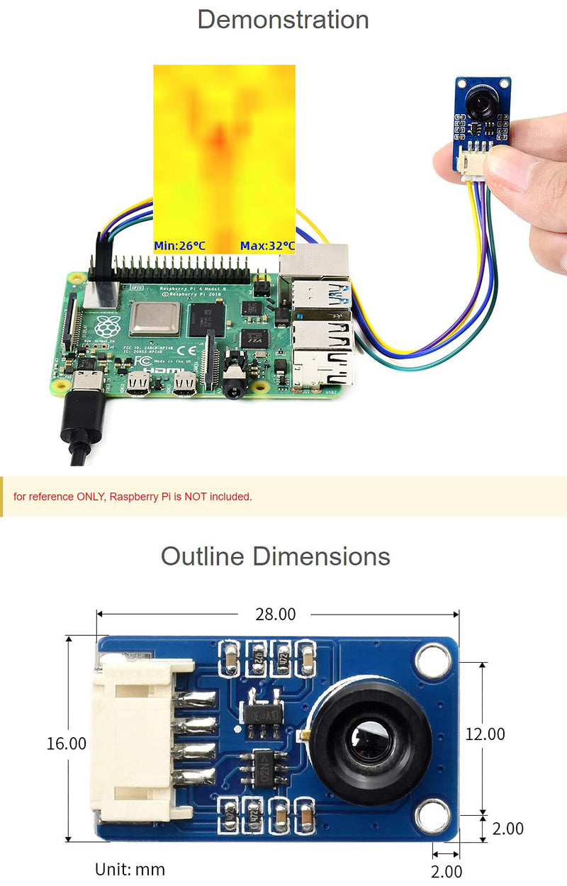 [Australia - AusPower] - Waveshare MLX90641 IR Array Thermal Imaging Camera with 16×12 Pixels 55° Field of View I2C Interface Supports Raspberry Pi 