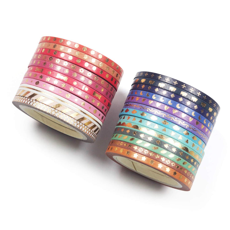 YUBBAEX 24 Rolls Skinny Washi Tape Set Gold Foil Print Decorative Tapes for Arts, DIY Crafts, Journals, Planners, Scrapbooking, Wrapping (Slim 3mm) Slim 3mm