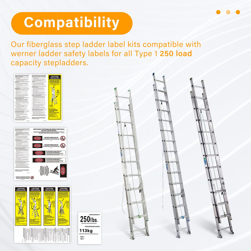 8 Pcs 250 LB Step Ladder Safety Labels Kits Compatible with Werner Ladder Safety Labels for All Type 1 250 Load Capacity Stepladders, Fiberglass Ladder Weight Stickers